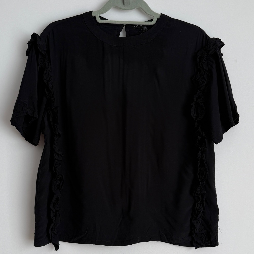 English Factory Black Ruffle-Trim Short Sleeve Top